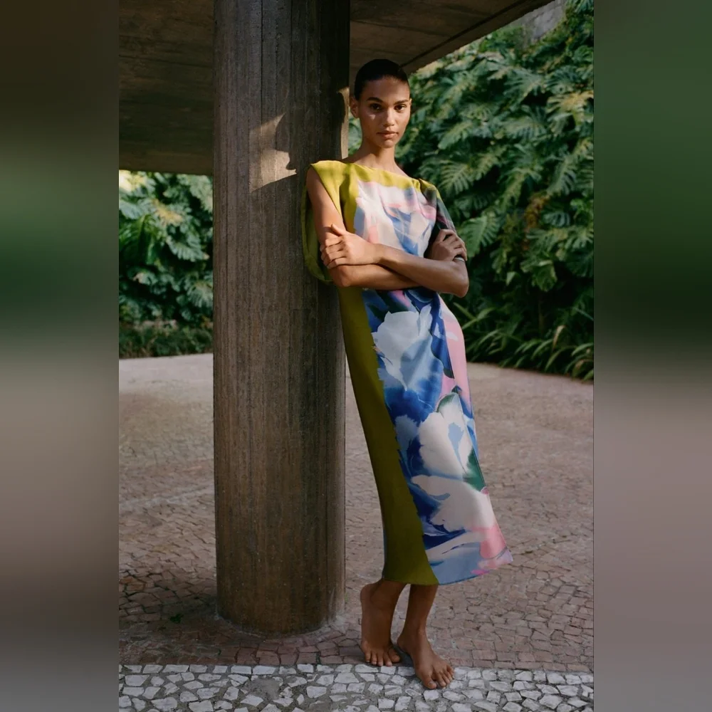 ASYMMETRIC PRINT MIDI DRESS SIZE XS - Picture 3 of 8